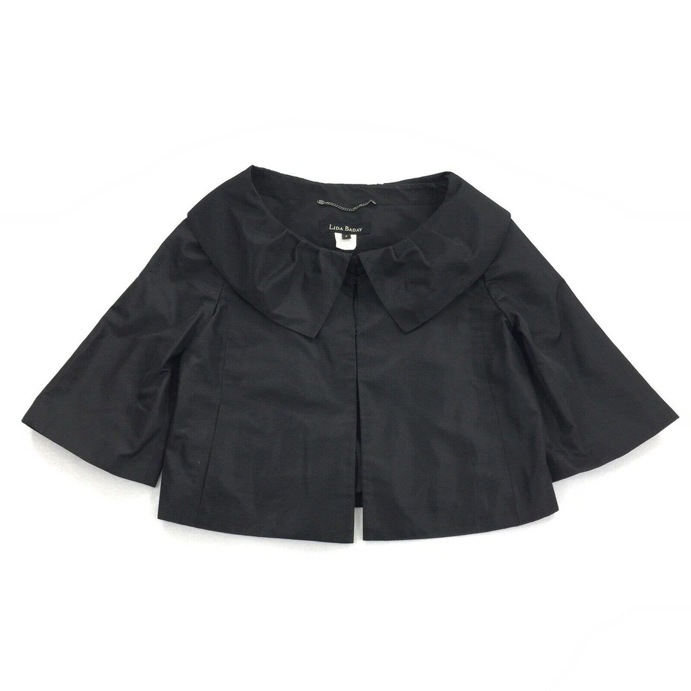 Lida Baday 100% Silk Cropped Over Jacket Size 8 Womens Solid Black Collared